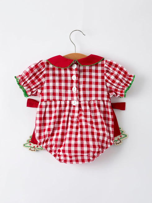 Baby Girls Christmas Outfit – Red Plaid Romper with Tree Bow Accents
